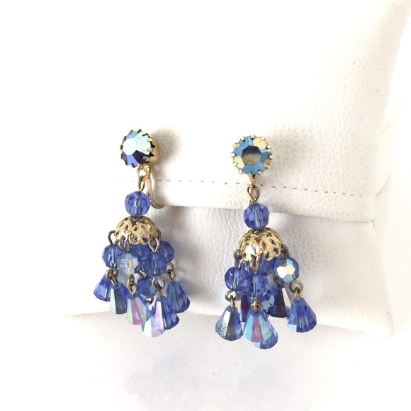 Vintage Hattie Carnegie Signed Austrian Crystal Blue Chandelier Clip Earrings - Picture 4 of 11